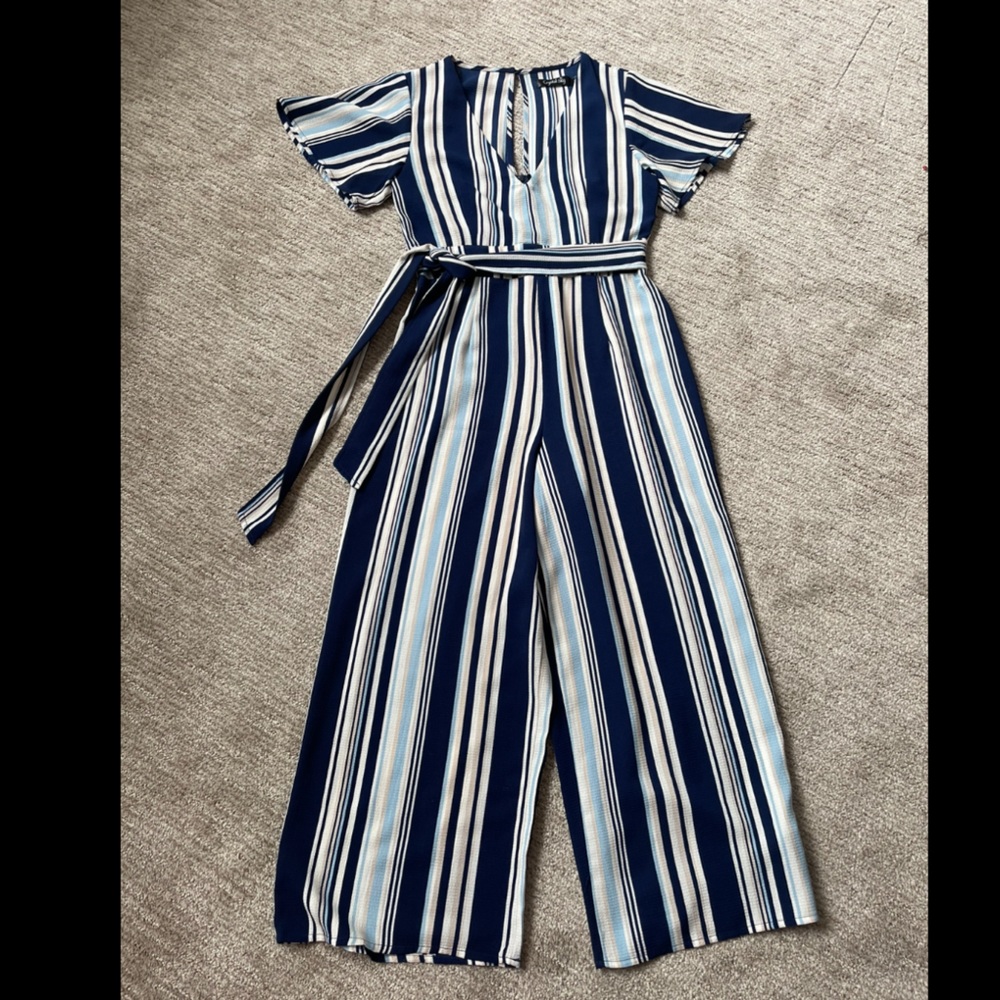Blue and White Striped Short Sleeve Formal Jumpsuit - Business Casual, Wedding